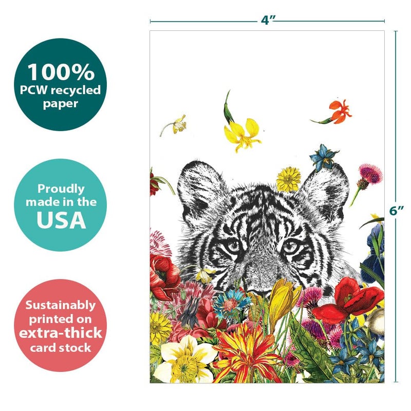 Tree-Free Greetings Flower Tiger All Occasion Cards - 12 Recycled 4x6 Notecards & White Envelopes, Thick Cardstock, Sustainably Made in USA - Jungle Animal Garden - Image 3